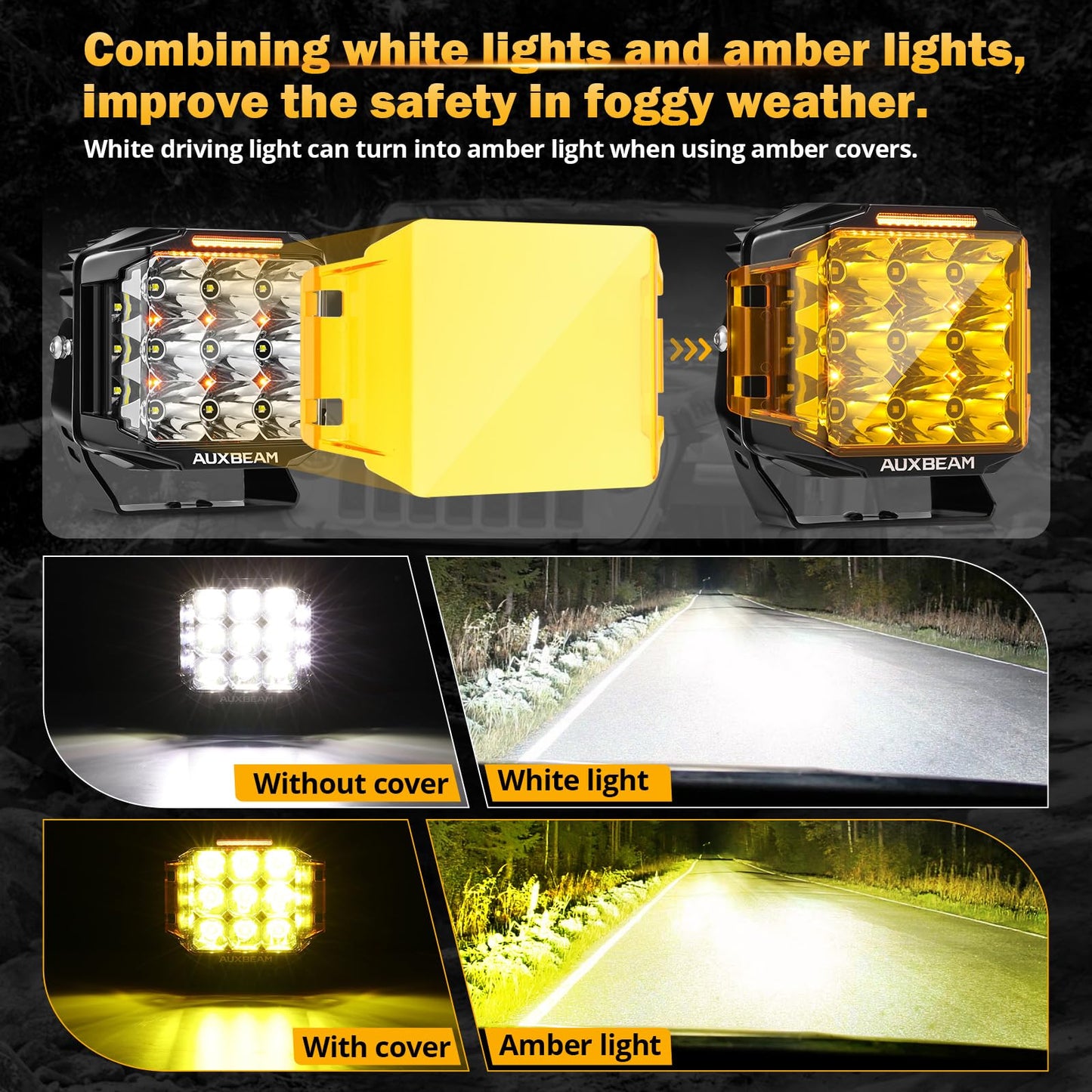 Auxbeam 7" 228W LED Cube Pods Offroad Driving Light with Side Shooter+Auxbeam 7 inch Black Pod Light Covers