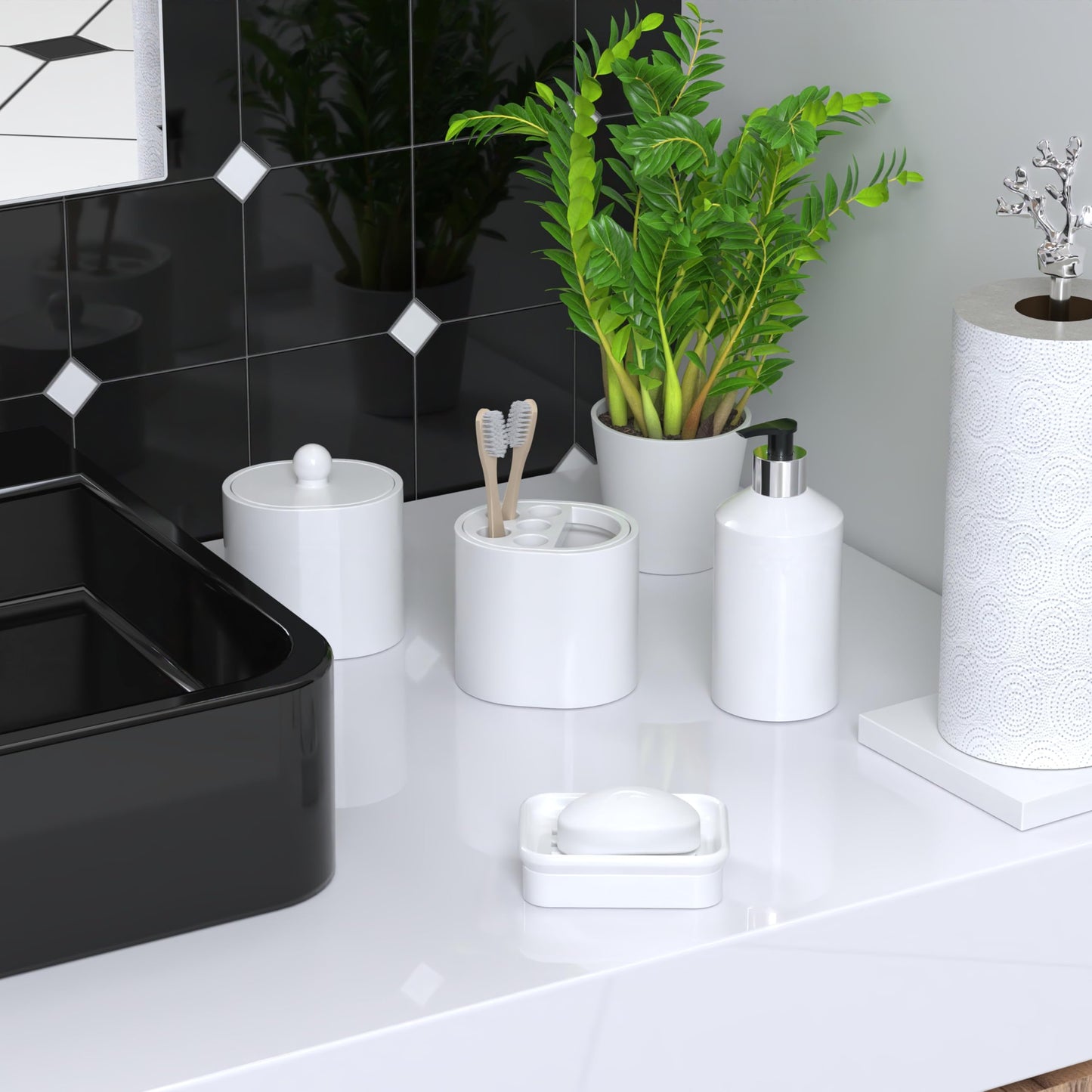 QUARZERRA 2-Piece Composite Granite Soap Dish for Shower - Elegant Stone-Look Bar Soap Holder with Strainer - Durable & Non-Porous Soap Tray for Bathroom and Kitchen Sink, Easy Clean (White)