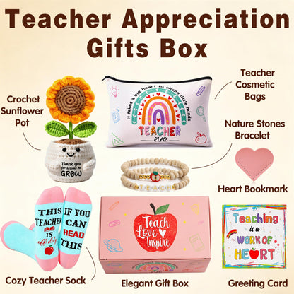 U-Goforst Teacher Appreciation Gifts for Women, Gifts for Teachers, Teacher Gifts Supplies with Makeup Bags Crochet Sunflower Bookmark Bracelet Socks for Teacher Appreciation