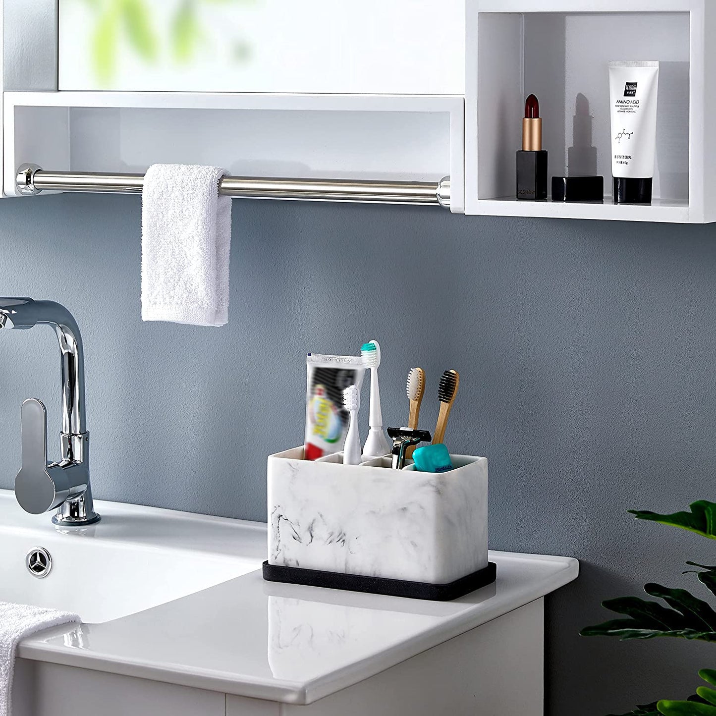 ZCCZ Marble Look Toothbrush Holder for Bathroom Countertop Organizer, Holds Toothpaste, Dental Floss, Razor, Comb, Makeup Brushes, and More, Stylish Bathroom Accessory for Tooth Brushing Essentials