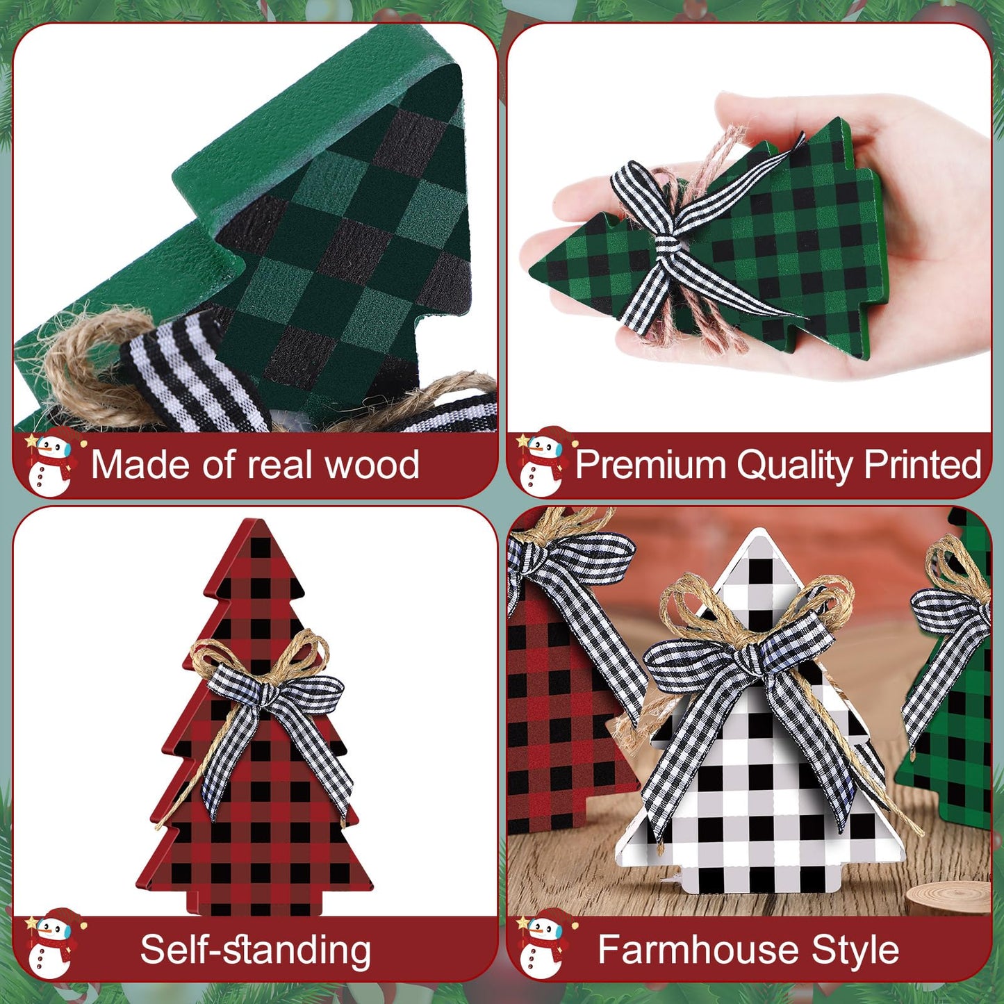 Yookeer Christmas Decor 3 Pieces Wood Table Rustic Christmas Tree Farmhouse Wooden Xmas Centerpiece for Small Table Xmas Trees Red Green Tiered Tray Party Decoration(Buffalo Plaid Style)