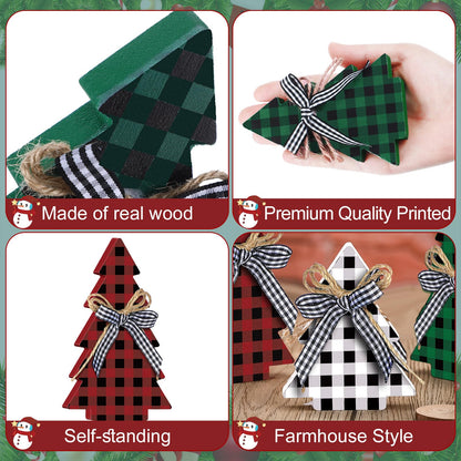 Yookeer Christmas Decor 3 Pieces Wood Table Rustic Christmas Tree Farmhouse Wooden Xmas Centerpiece for Small Table Xmas Trees Red Green Tiered Tray Party Decoration(Buffalo Plaid Style)