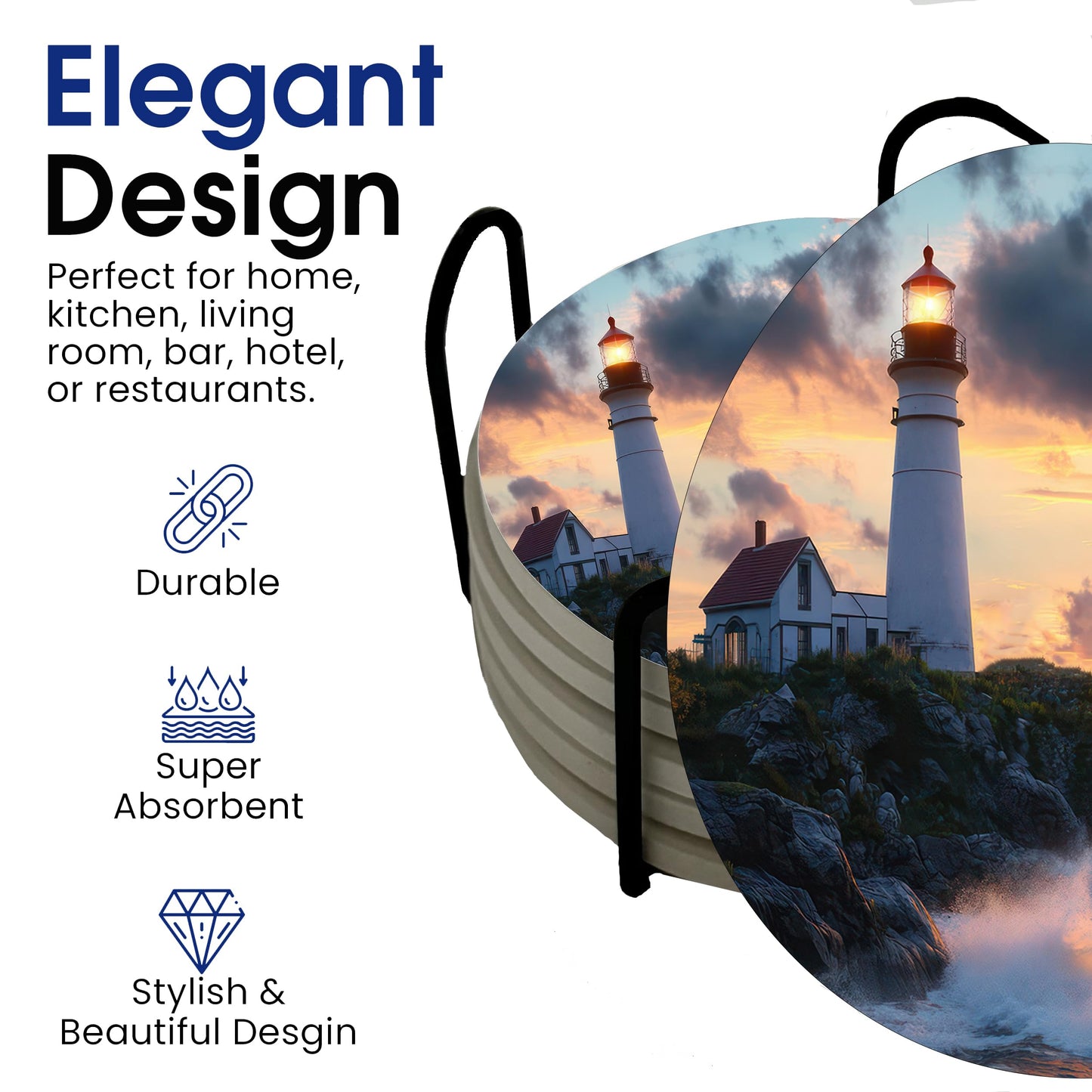 Lighthouse Beach Coastal Shore Round Coasters Set of 6 - Abosrbent Ceramic with Metal Stand for Drinks, Coffee, Non-Slip Cork Back for Tabletop Protection, 4 Inches (Sunset)