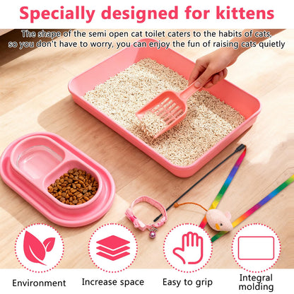 Kitten Starter Kit for Indoor Kittens, Pink Litter Box Access & Scoop, Dish Feeding Bowl, Adjustable Bell Collar, Mouse Toy - Low Entry Baby Cats Training Kits, New Kitten Essentials