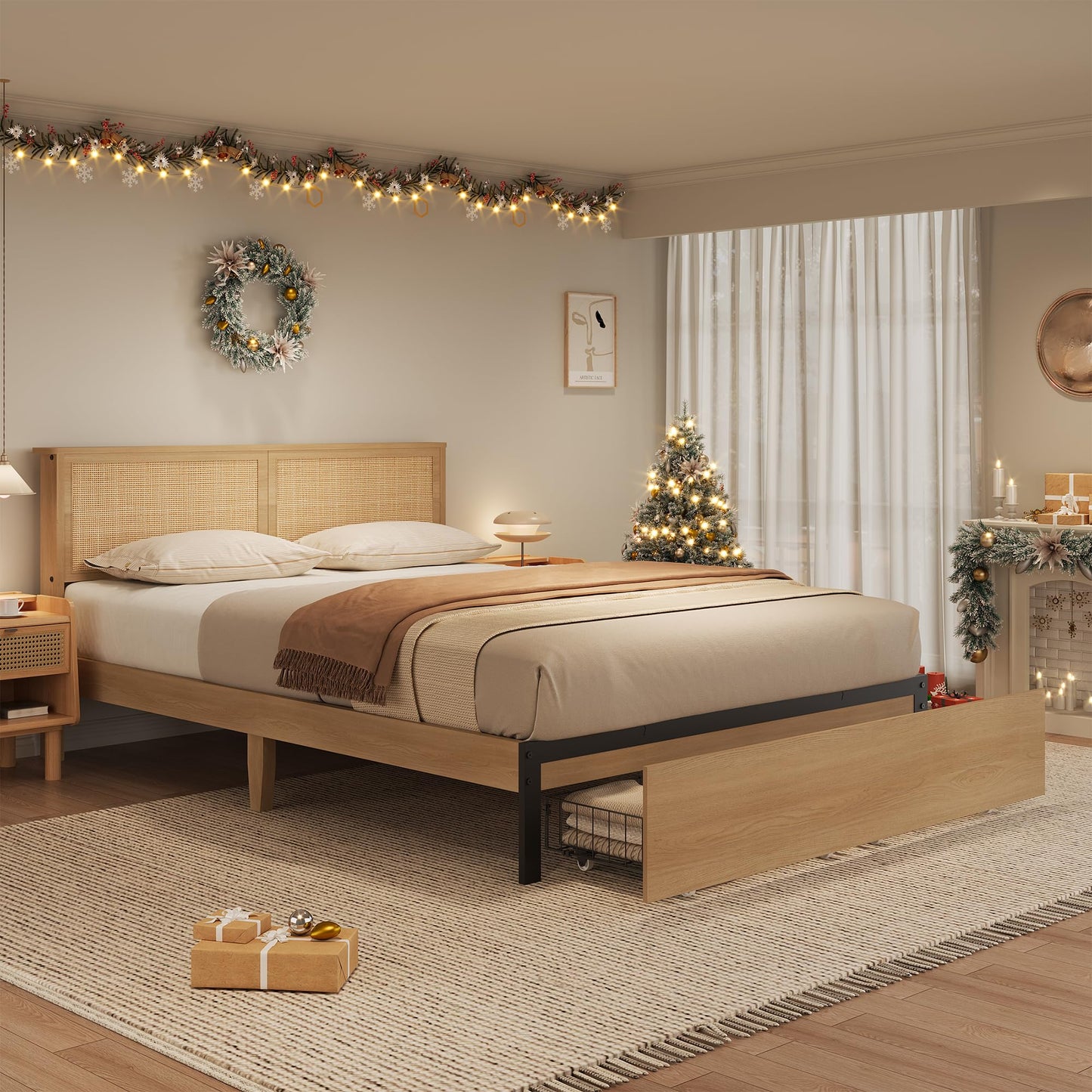 GarveeHome Queen Platform Bed Frame, Queen Size Bed Frame with Natural Rattan Headboard, Cane Bed Frame with 2 Storage Drawers and Strong Wood Slats Support, Noise Free, No Box Spring Needed