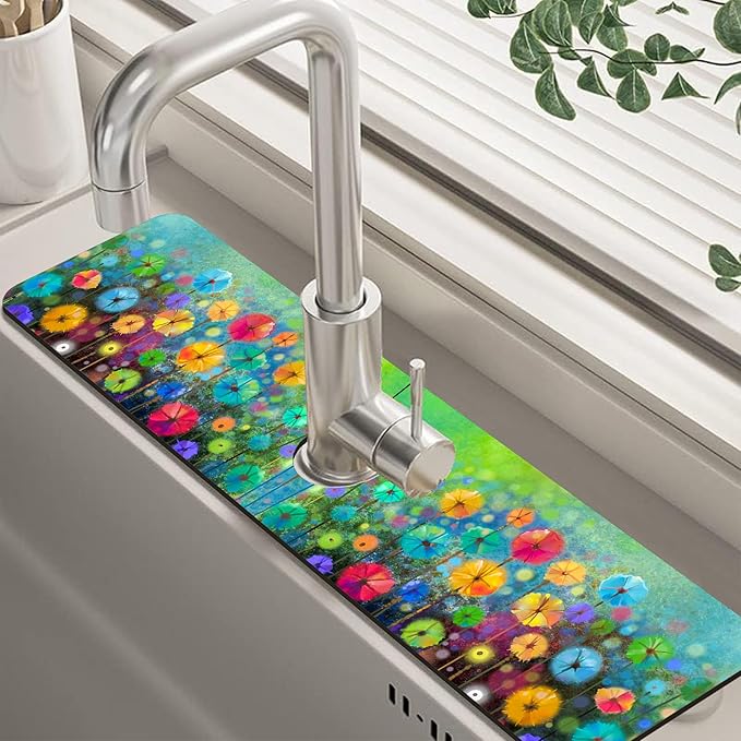 Abstract Blue and Red Flowers Dish Drying Mat