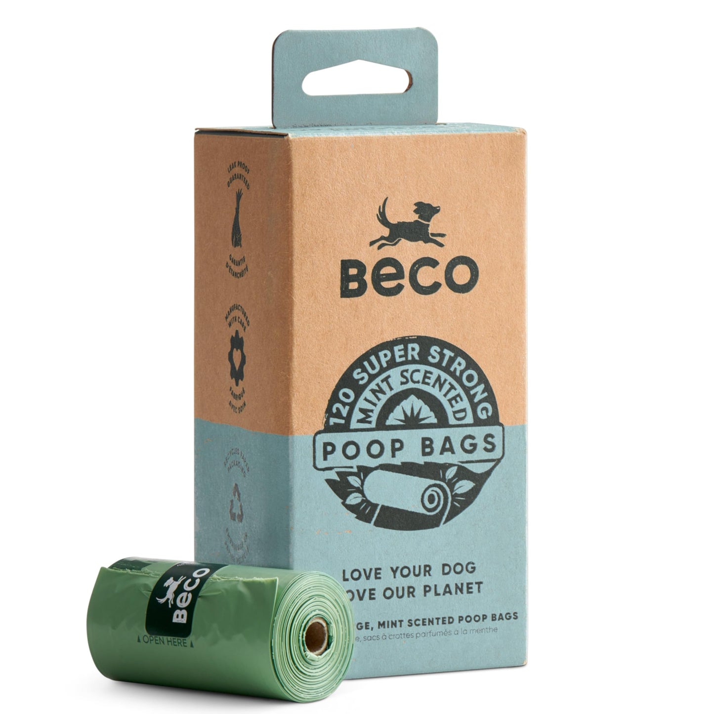 Beco Dog Poop Bags Rolls - Strong & Large - 120 Bags (8 Rolls of 15) Mint Scented, Dispenser Compatible for Dog Waste