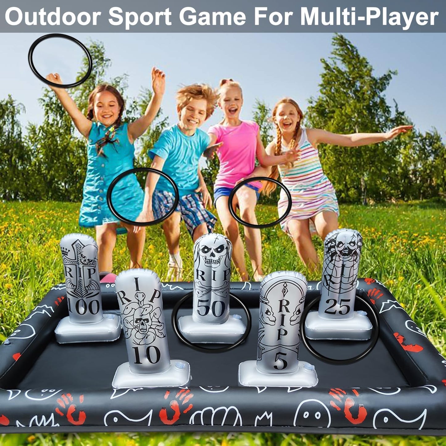 Upgraded Stability & Plastic Ring Giant Tombstone Ring Toss Games Halloween Party Game Favors for Kids Inflatable Game Halloween Party Decor Outdoor Carnival Game Classroom Indoor School Yard