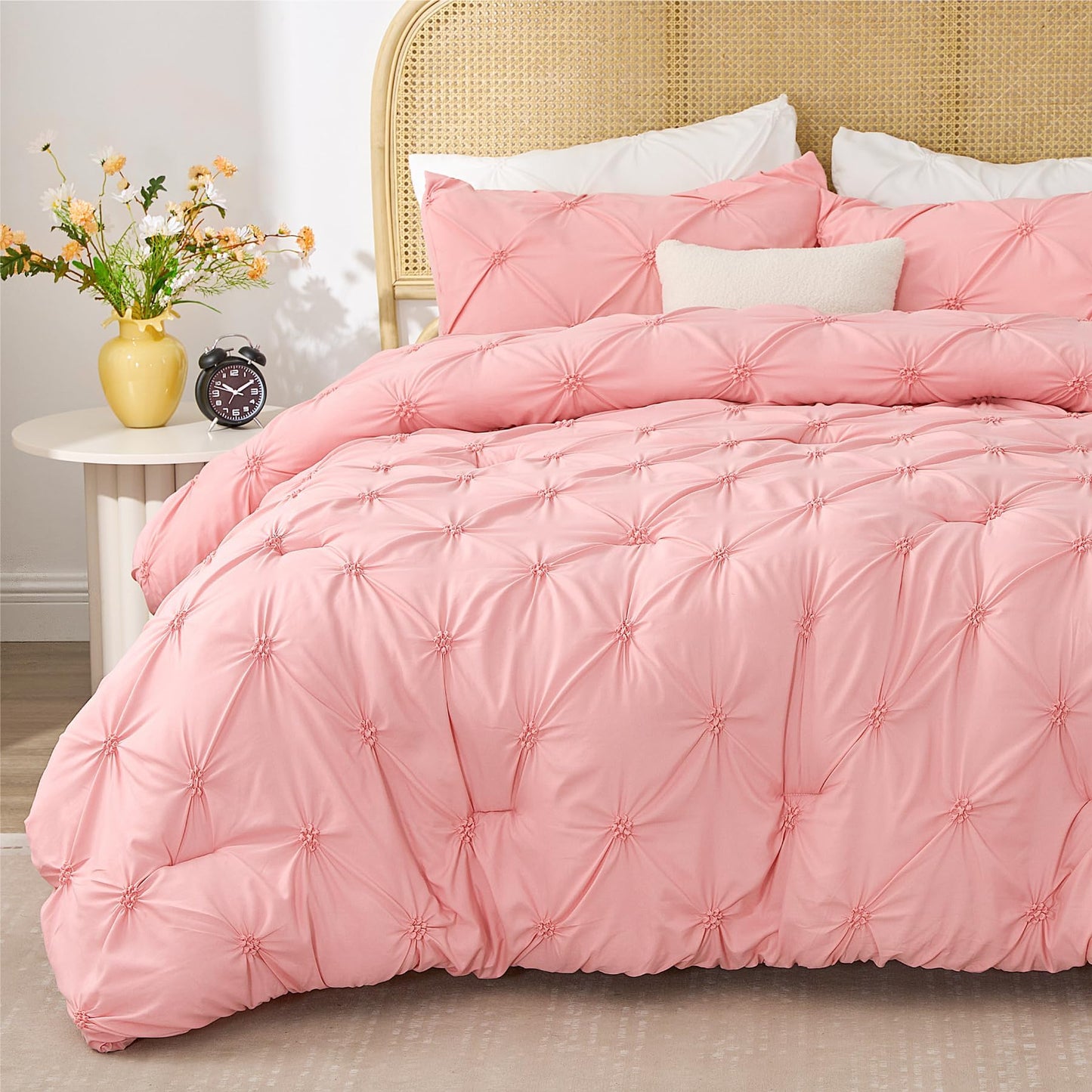 BEDELITE Pink Queen Comforter Set - 3 Pieces Boho Pintuck Bedding Comforter Sets, Lightweight Soft & Warm Bed Comforter with 2 Pillowcases for All Season,Valentines Day