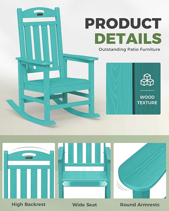 Oversized Outdoor Rocking Chair Set of 2, HDPE All-Weather Patio Rocking Chairs, High Back Outdoor Rocker for Porch, Patio, Lake Blue