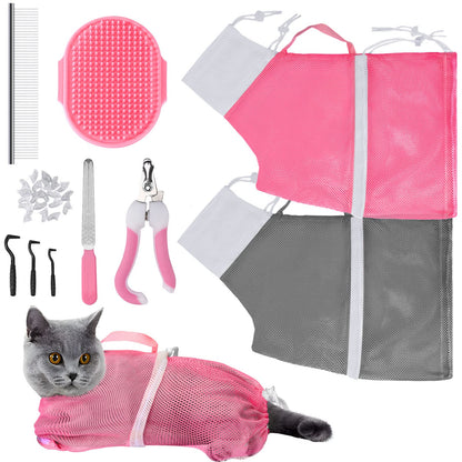 JULMELON Cat Washing Bag 10 PCS Set, Adjustable Cat Shower Net Bag and Pet Grooming Brush with Nail Clipper Nail File Hair Combs Tick Tool Nail Caps for Bathing Nail Trimming Examination(Pink+Grey)