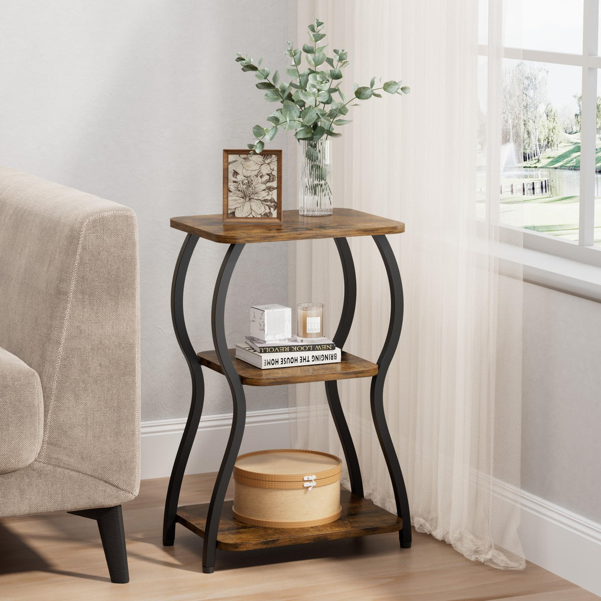 JUSTOGO Side Table, Small End Table for Small Spaces, 3-Tier Tall Nightstand Sofa Corner Accent Table Coffee Table with Storage Shelf for Living Room, Bedroom, Patio, Home Decor, Rustic Brown