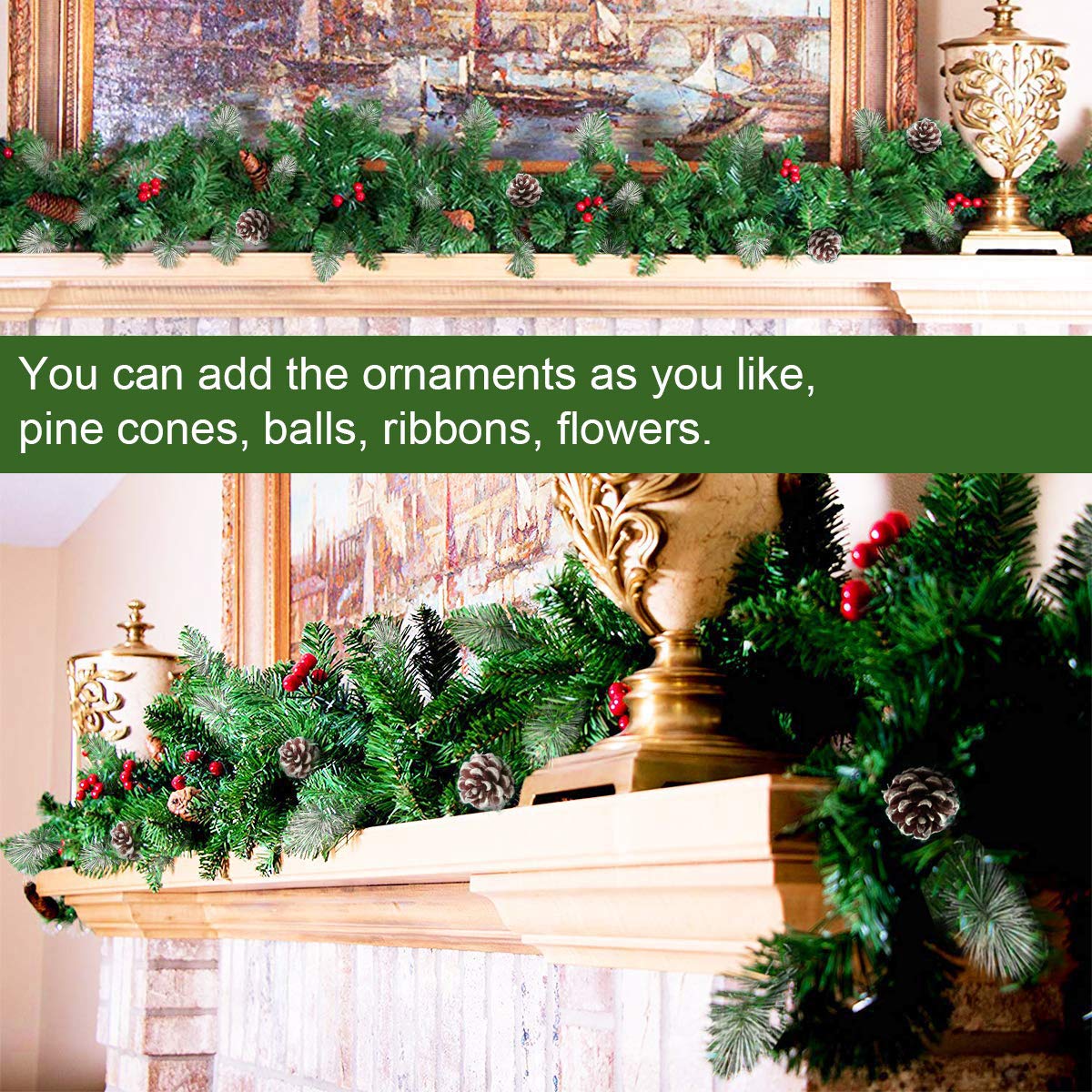 ANOTHERME 9 FT Pre-lit Christmas Garland Holiday Artificial Decor, Christmas Garland with Lights for Stairs Wall Door Indoor Outdoor Garland with Battery Operated Timer