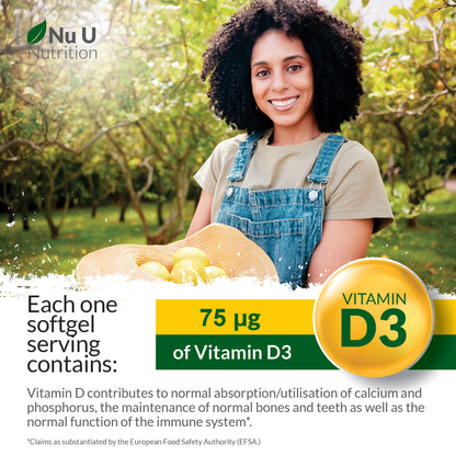 Vitamin D 3000IU - 365 Softgel Capsules - 1 Year Supply - Triple Strength Vitamin D3 Supplement - High Absorption Cholecalciferol - Gluten & Dairy Free by Nu U Nutrition
