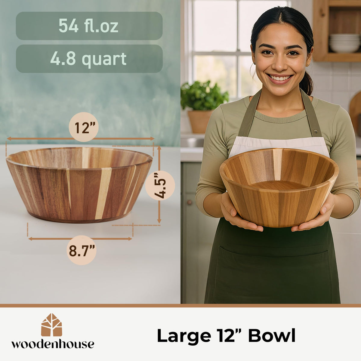 Woodenhouse Wooden Salad Bowl, Salad Bowl, Wooden Bowl - 12" Round Design Fruit Bowl, Handmade, Durable and Stylish Natural Wood Dining Accessory