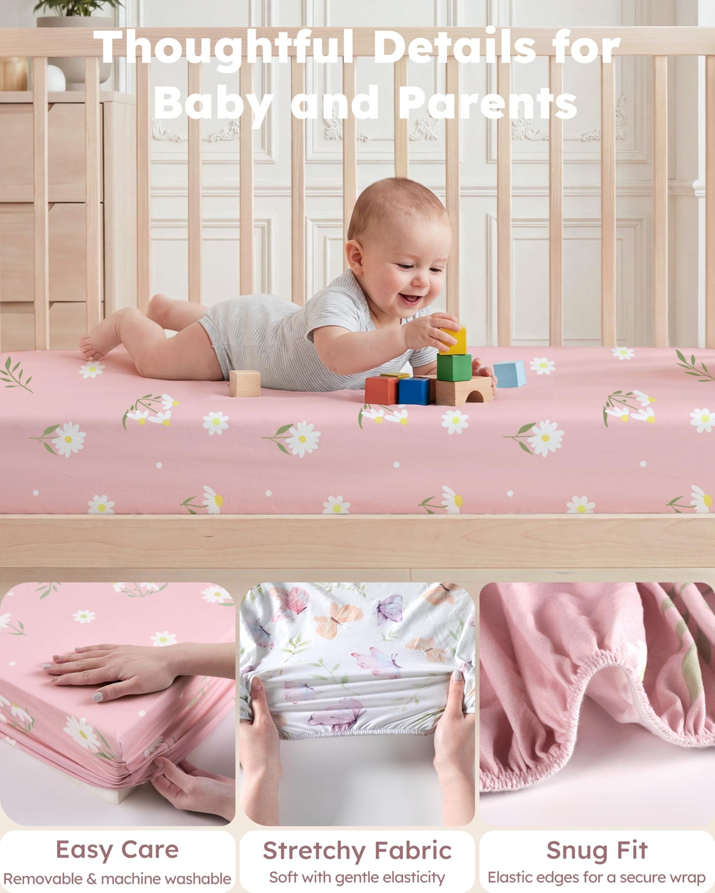 Nyessmee Baby Crib Sheets Girl, Fitted Crib Sheets 52" x 28", Soft Breathable Microfiber Sheets for Standard Crib and Toddler Mattress, 2-Pack Pink Butterfly