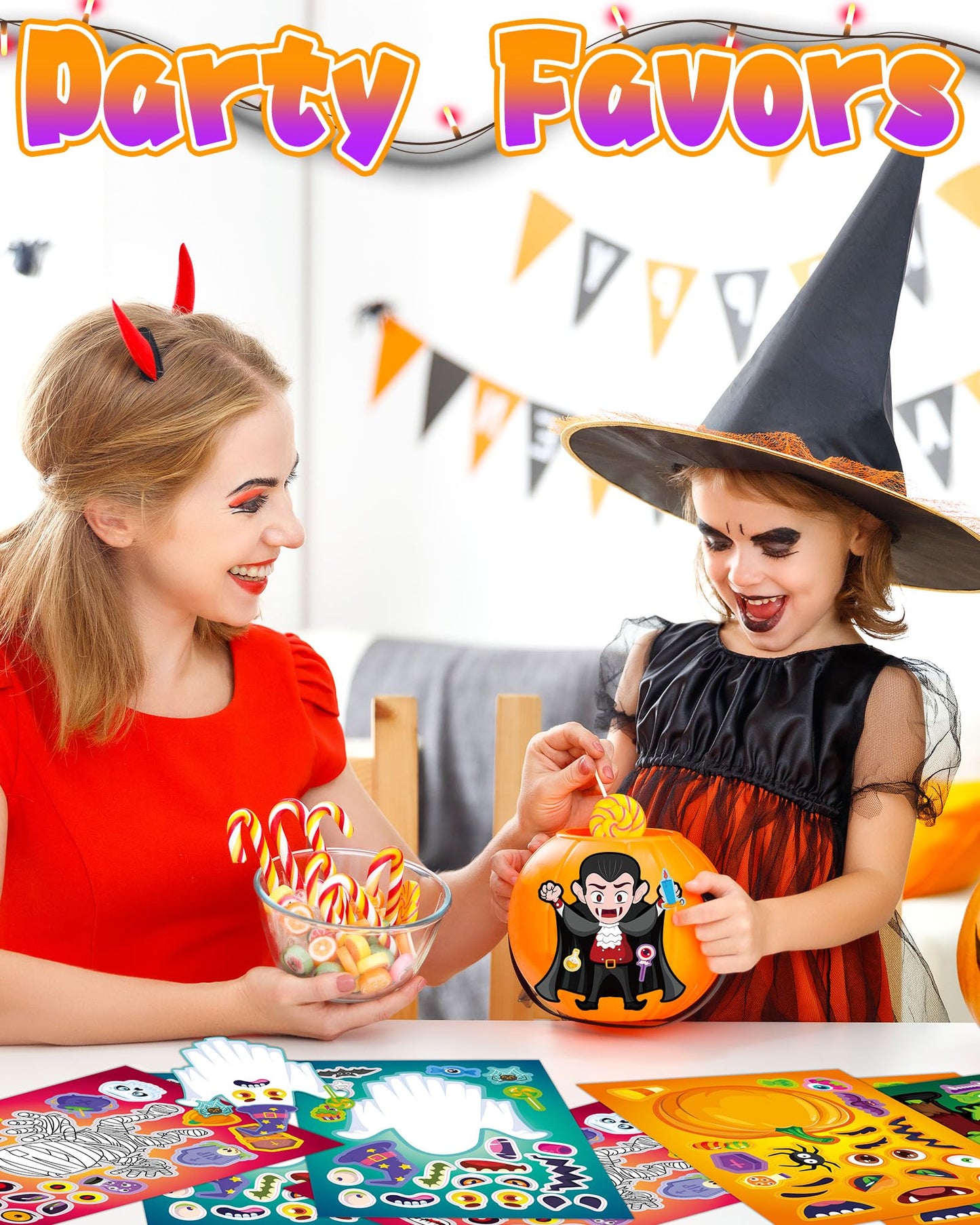 Oomloid 42 Sheets Halloween Party Favors Stickers for Kids, Party Games Face Stickers, Halloween Treats Goodie Bag Stuffers Gifts Toys Crafts Activities for Kids