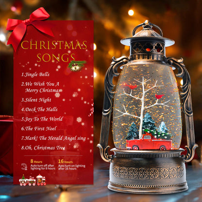 Extra Large Christmas Snow Globes Christmas Lantern, 13.8" Cardinal Musical Snow Globe 8 Songs 6H Timer Music Box Dual Power Snowglobes for Kids Adults Red Truck Lighted Christmas Decor Indoor Gifts