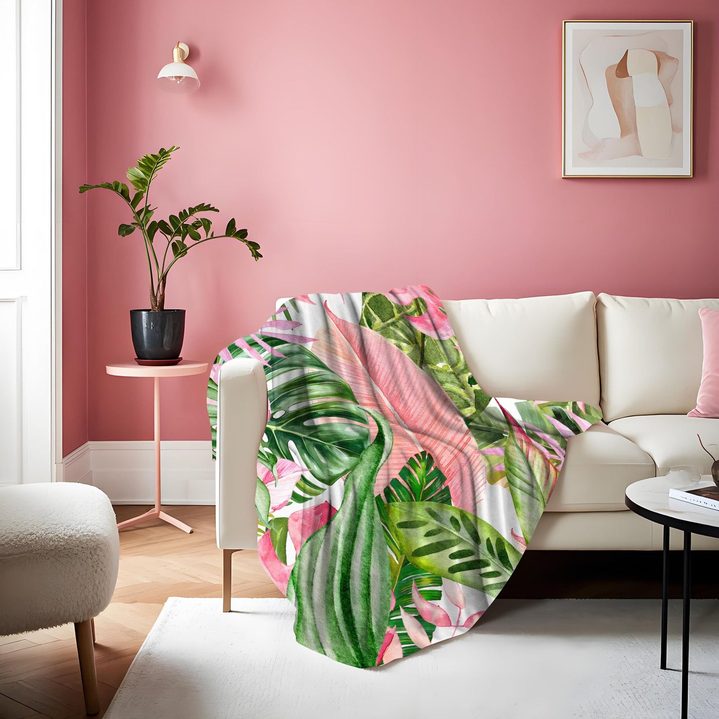 Pdvbiee Pink and Green Tropical Throw Blanket, 50x60 in