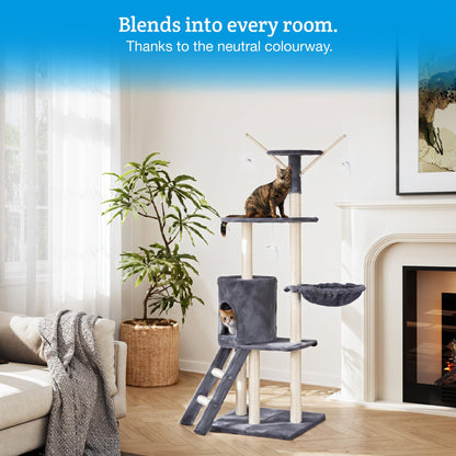 Milo & Misty Cat Tree – 146cm Play Cat Tower with Sisal Scratching Posts for Indoor Kittens, Multi Level House, Large Climbing Frame with House, Ladder and Hammock – Grey