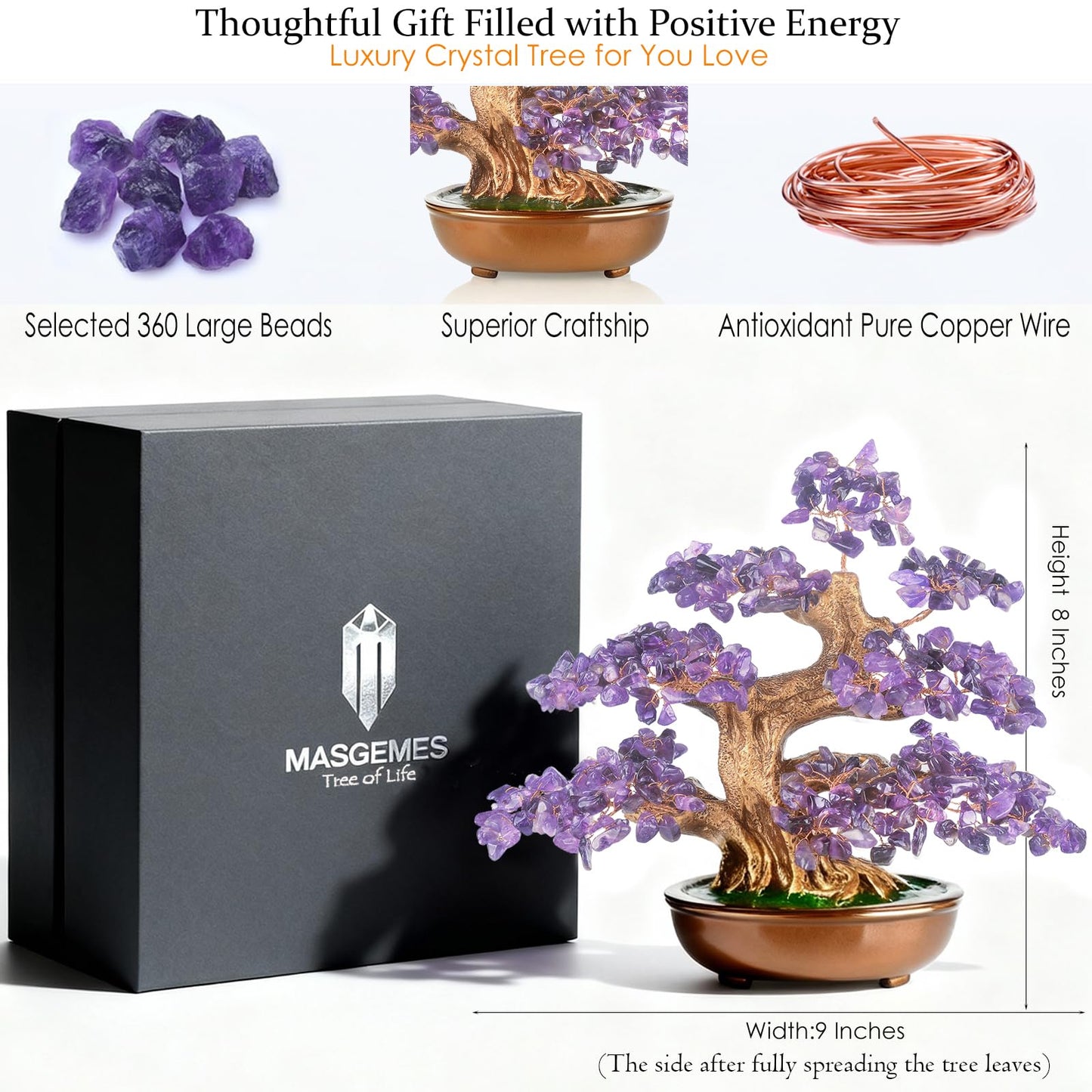 MASGEMES Amethyst Crystal Tree of Life –360 Large Stones,Handmade Gemstone Healing Crystals Chakra Tree Positive Energy, Home & Office Decor 8"
