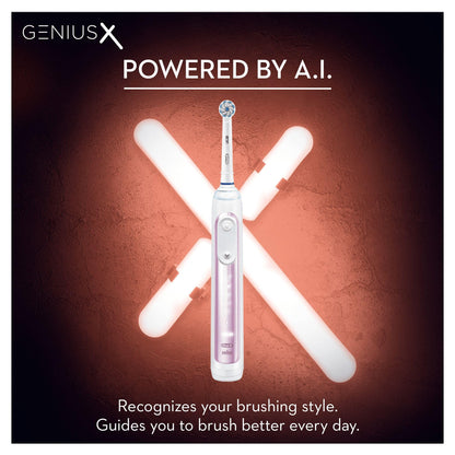 Oral-B Genius X with Artificial Intelligence Blush Pink Electric Toothbrush, 1 Toothbrush Head, 6 Modes, Gum Pressure Sensor, USB Charging Travel Case, UK 2 Pin Plug, Gift for Men/Women