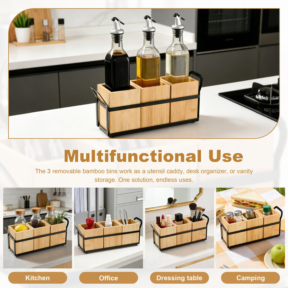 Utensil Holder for Kitchen Countertop, 3 Compartments Detachable Utensils Caddy, Wooden Utensils Organizer for Silverware, Spatula, Fork, Knife, Cutlery Storage, Counter Cooking Utensil Crock