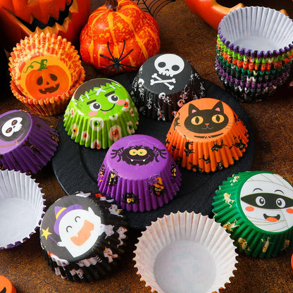 SANNIX 450pcs Halloween Cupcake Liners, Ghost Pumpkin Spider Baking Cups Cupcake Wrappers Paper Wraps Muffin Liners for Halloween Party Candy Cupcake Decorations Supplies(9 Designs)