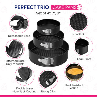 Riccle 148PCs Cake Pan Set for Baking, 3 Non-Stick Springform Pan Set (4, 7, 9 Inches), Cake Decorating Kit, Piping Bags and Tips Set, Cake Leveler, Multi-functional Leak-Proof CheeseCake Pan (148)
