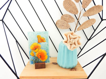 Bolla Glass Art - California Poppy Ornament Desk - Handmade Fused Glass Art, 4.35-Inch Tabletop Decoration, Unique Handmade Gift, Scratch-Resistant & Fade-Resistant, Eco-Friendly with Wooden Stand