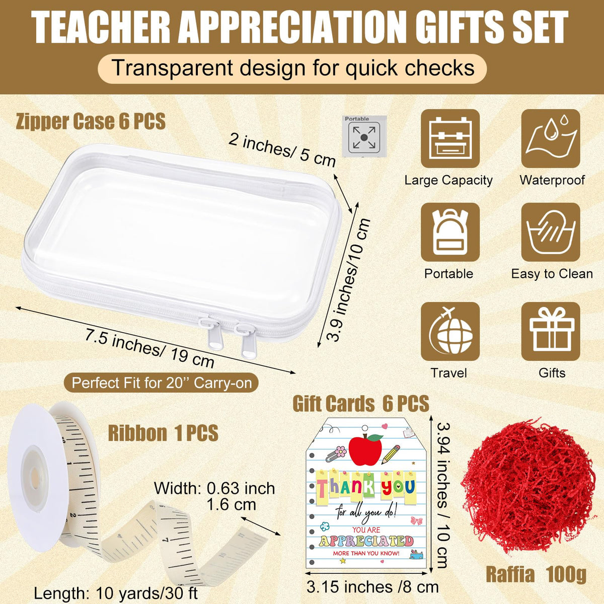 Pickmesh 6 Sets Teacher Appreciation Gifts Box Clear Hard Shell Zipper Case with Thank You Cards and Ruler Ribbon Paper Shred Filler for Gift Wrapping Teacher Appreciation Week Graduation Present