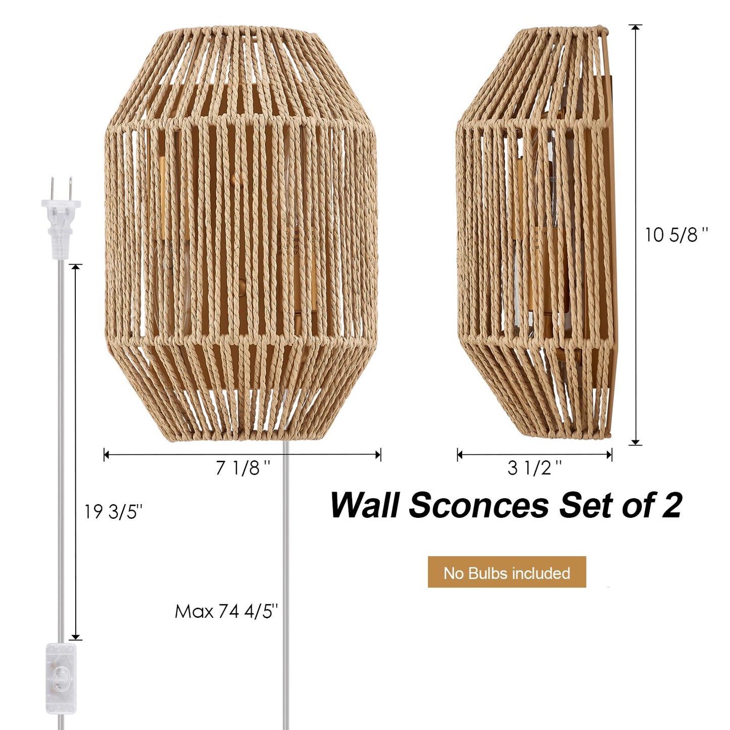 MhyTogn Natural Rattan Plug-in Wall Sconce Set of 2, with Boho Woven Wicker Shade Antique Brass Brush Paint Finish for Vanity Stairway Fireplace Living Room Bedside Passway Hallway