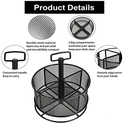 Marbrasse Mesh Desk Organizer, 360-Degree Rotating Multi-Functional Pen Holder, 4 Compartments Desktop Stationary Organizer, Home Office Art Supply Storage Box Caddy (Black)
