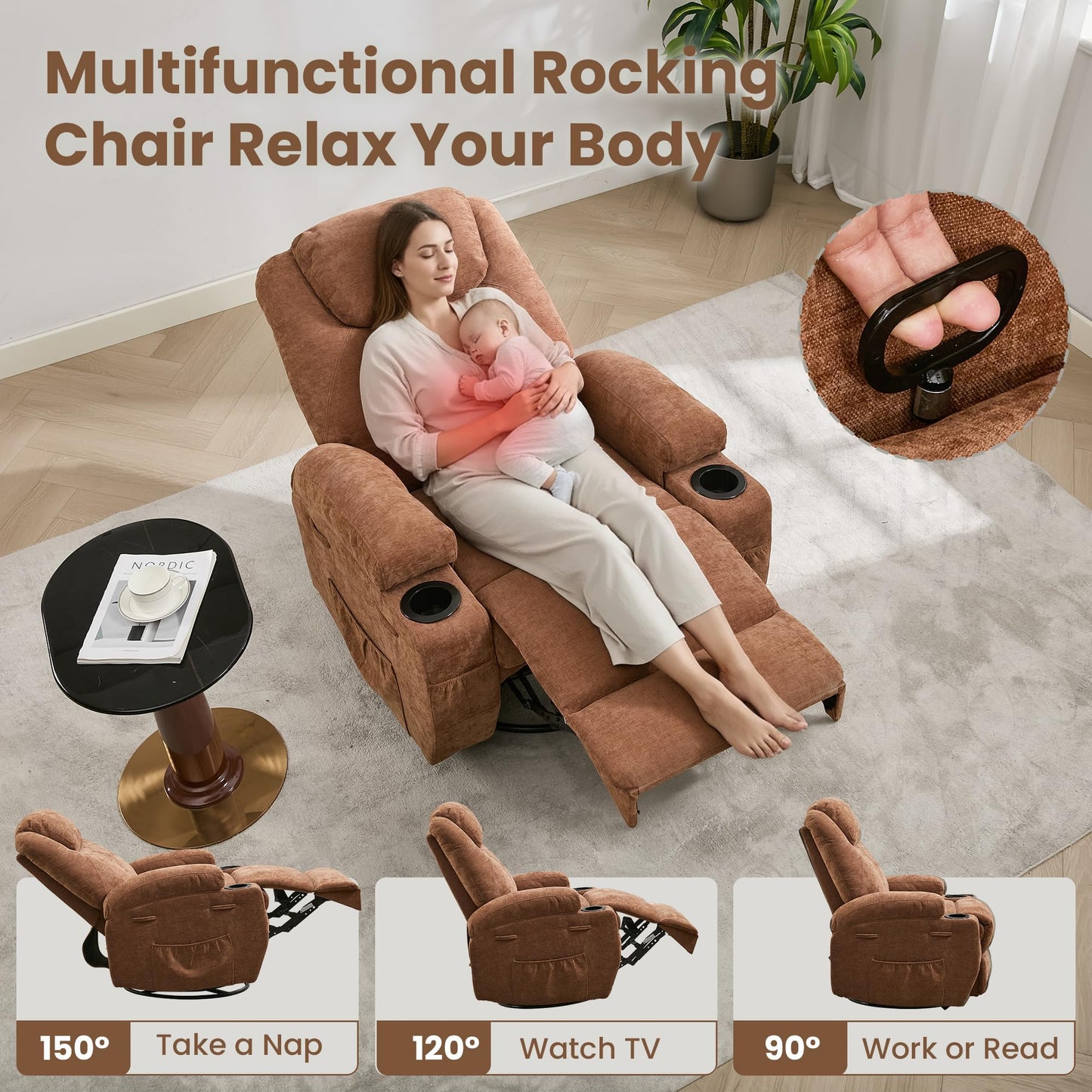 360° Swivel Rocker Recliner Chair for Adults with Massage & Heat, Manual/Electric Glider Reclining Lounge Chair for Living Room, Bedroom, Nursery, Comfortable Fabric Recliner, Light Brown