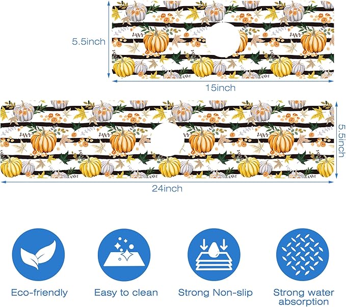 Thanksgiving Sink Faucet Absorbing Mat Autumn Pumpkin Floral Absorbent Fast