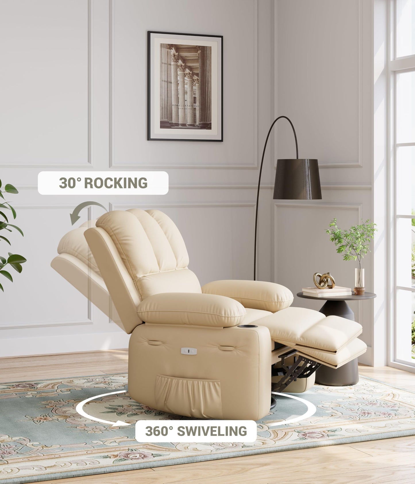 EliteEdge Oversized 27" Electric Recliner Chair with Massage & Heat, PU Leather Swivel Rocker Recliner with Remote Control and Cup Holders, Lounge Chair for Living Room, Bedroom, Nursery, Beige