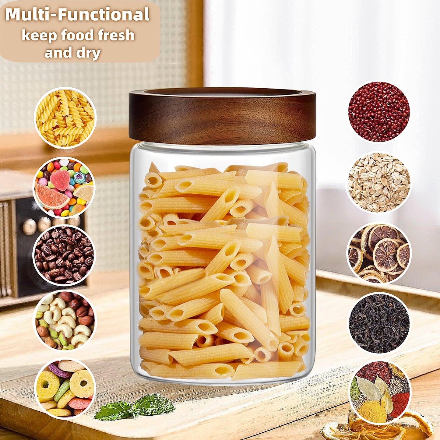 28 Fl oz/850 ml Glass Food Storage Jar, Premium Clear Glass Container Jar with Airtight Screw-on Wooden Lid, Kitchen Canisters for Coffee,Tea,Pasta,Cookies, Nuts,Spice,Candy,Overnight Oatmeal（Medium）