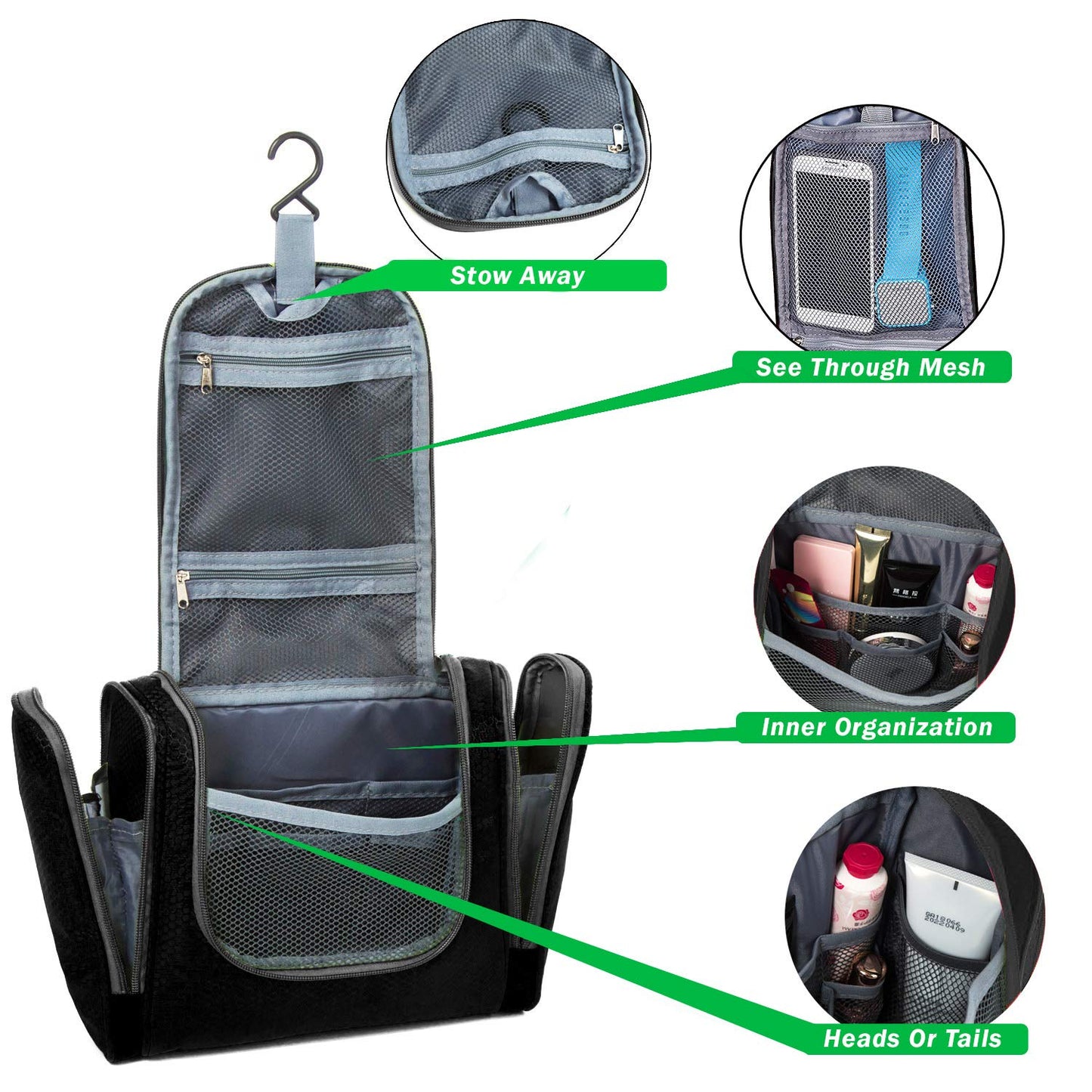 Bago Travel Hanging Toiletry Wash Bag - Large Waterproof Organizer for Women and Men - Cosmetic Essentials (Black)