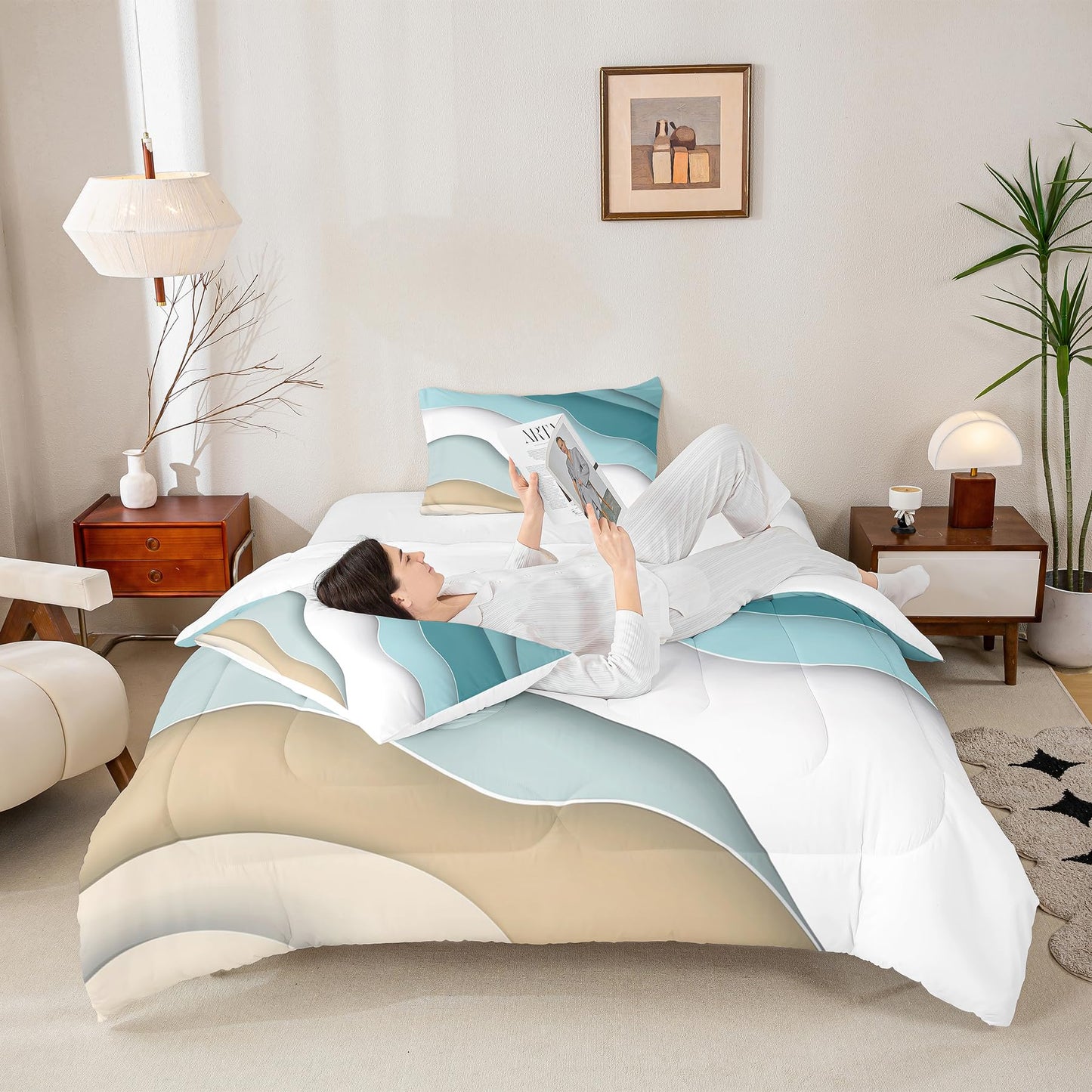 Abstract Ombre Comforter Set Ocean Waves Bedding Set Decor Blue Sea and Beach Quilt Set Tropical Summer Contemporary Duvet Insert Teens Kids Adults Room Decor 3pcs Queen Size