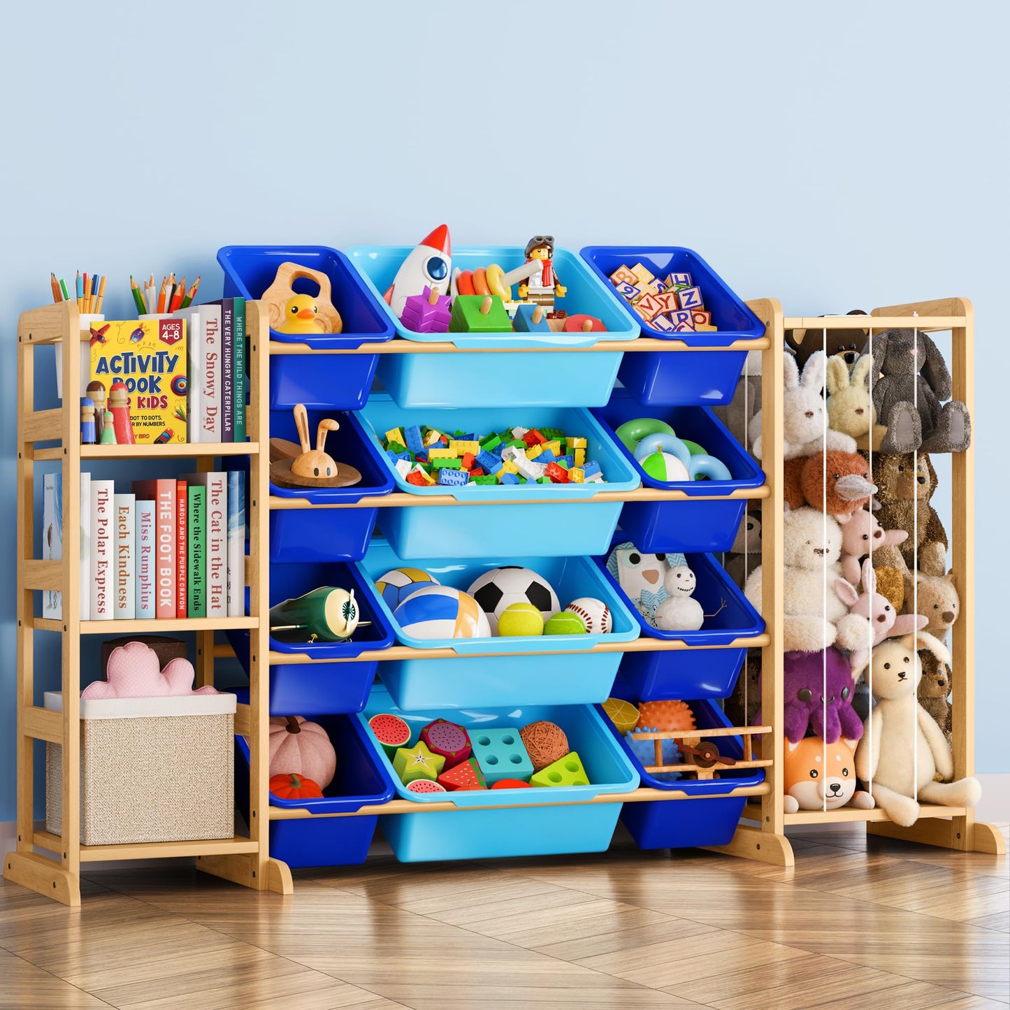 Toy Storage Organizer with Bookshelf and Stuffed Animal Storage - Kids Playroom Organization with Shelves and 12 Toy Bins - Toddler Living Room Toy Box for Lego - Nursery Bedroom Decor Essentials