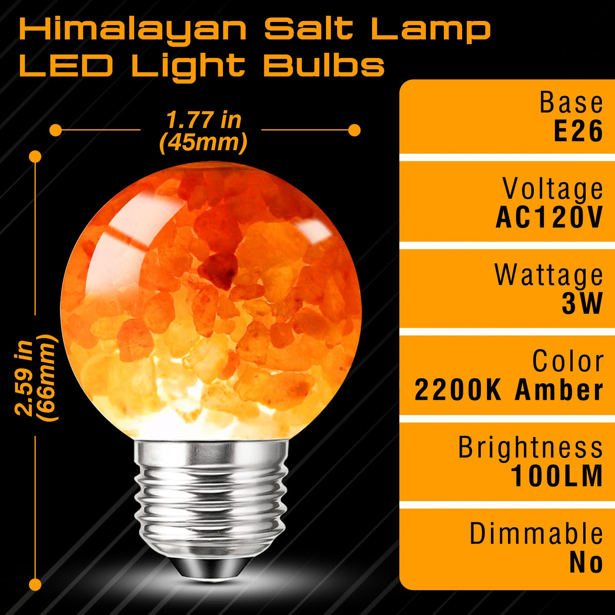 Elmoyle Himalayan Salt Lamp LED Light Bulbs, E26 2200K Warm Amber Pink, 3W Mood Lighting Night Light, E26 G45 Salt Rock Stress Relief Bulbs for Bedroom, Decor, Sleep Light, Non-Dimmable, 2pack