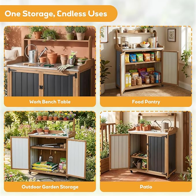 Potting Bench Table & Outdoor Storage Cabinet with Lockable Wheels, Adjustable Shelves, Mobile Waterproof Metal Top Workstation for Garden Patio BBQ Organization, Magnetic Latch & Edge Guard