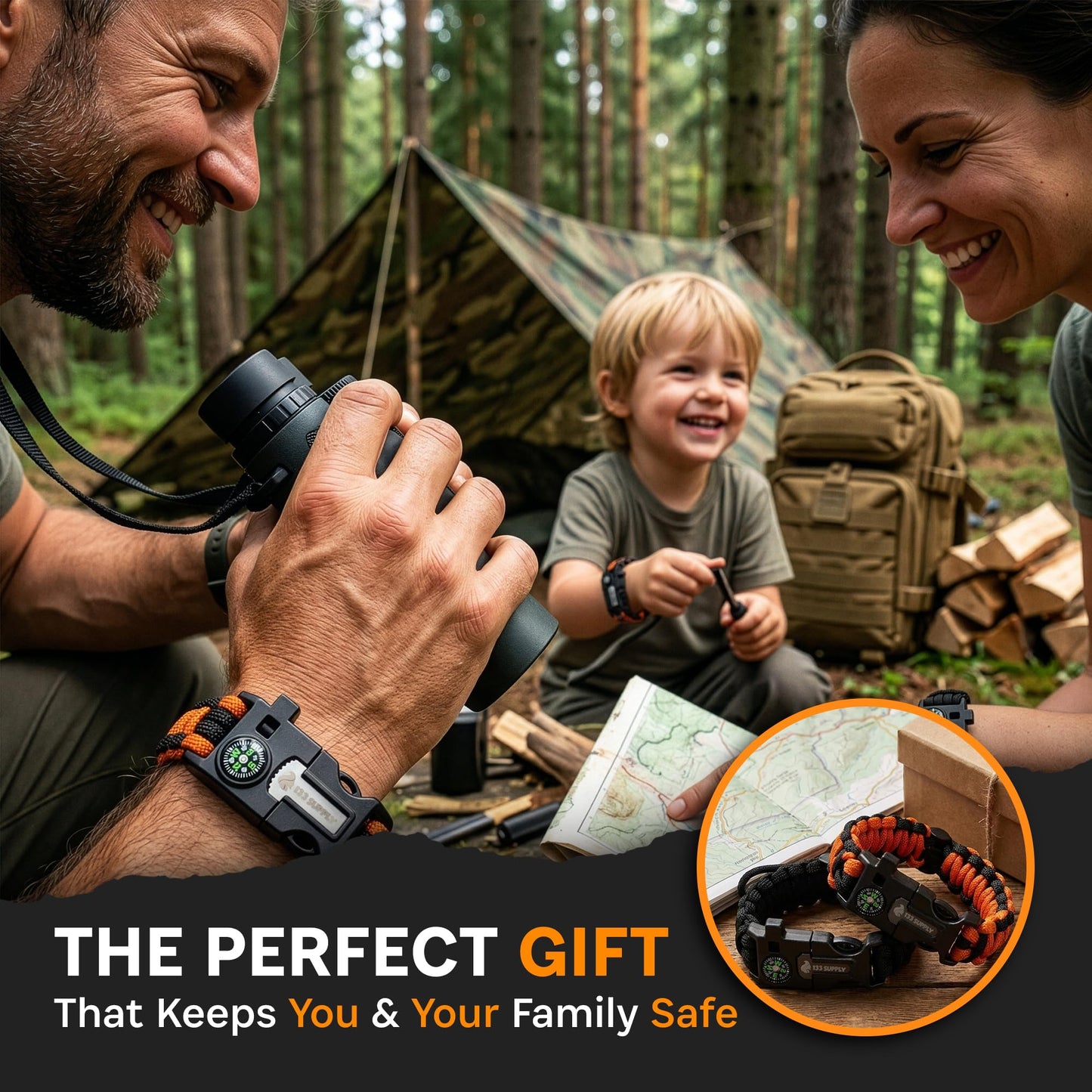 133 SUPPLY Tactical Paracord Compass Hiking Survival Bracelet Men Dad Gifts Camping Accessories Hiking Gear Women Hunting Gear Fishing Essentials Flint Steel Tool Fire Starter Kit Whistle Bear Safety
