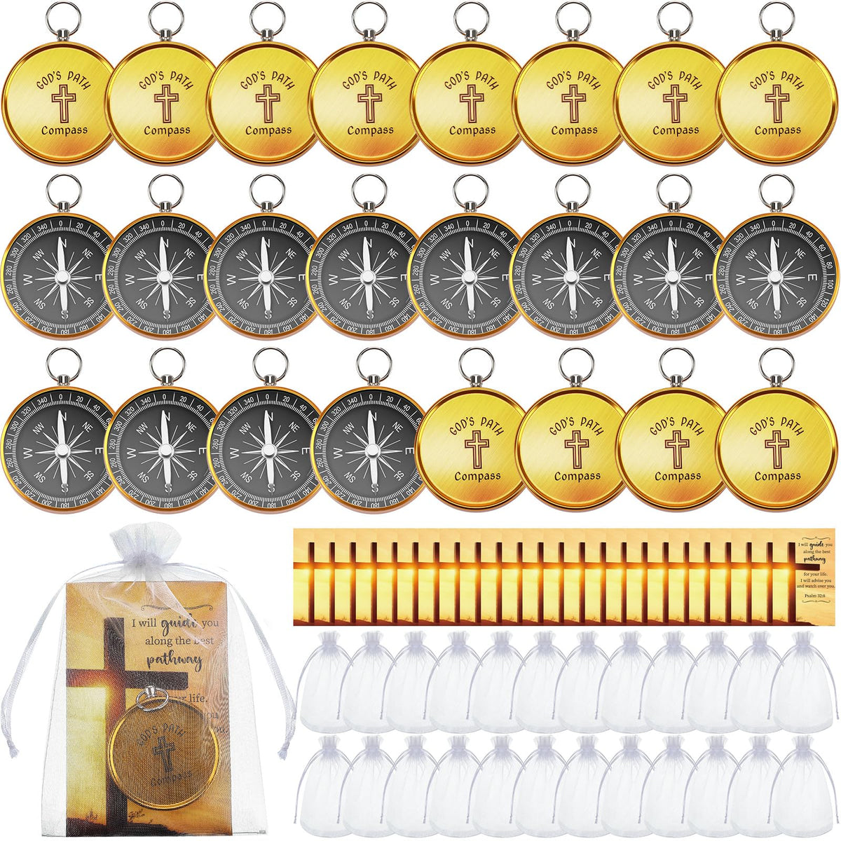 Relaxweex 24 Set Mini Christian Compass Christian Gift Set Compass with Cards and White Drawstring Organza Bag Bible Scripture Cards Religious Gifts for Men Graduation Gift Weddings