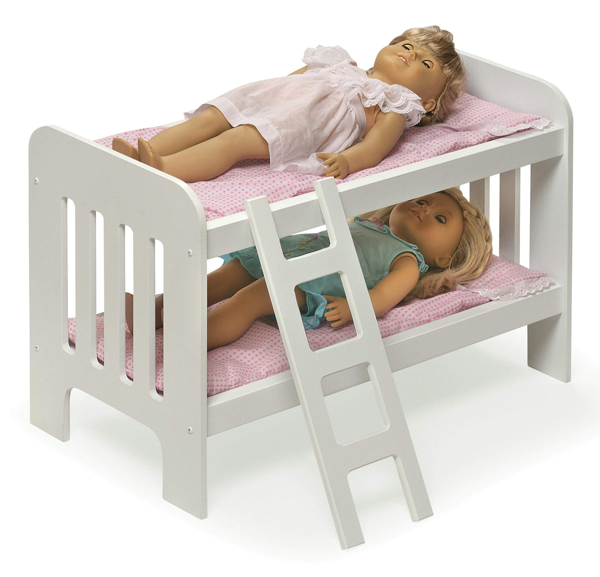 Badger Basket Doll Bunk Bed with Bedding & Ladder - Two Level Wooden Bed for Dolls, Includes Bedding & Accessories- White/Pink Gingham