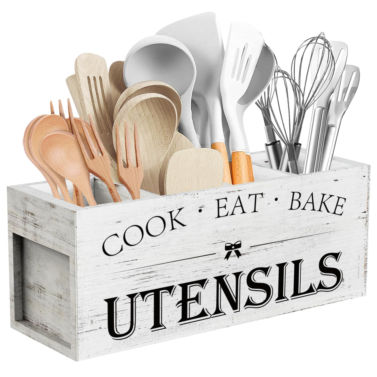 Suli Extra Large Kitchen Utensils Holder with 4 Compartments, Wooden Utensil Organizer for Kitchen Countertop, Farmhouse Decor, Rustic Cooking Utensil - White grain