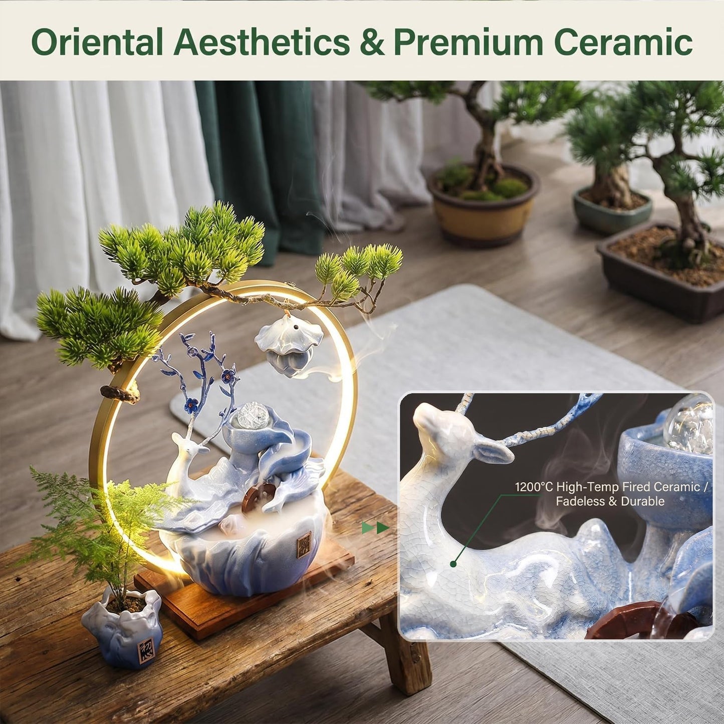 CIFUPUQU Tabletop Water Fountain, 17.3”Tall Deer Statue Waterfall Fountain with Incense Holder, LED Light & Adjustable Pump, Zen Relaxation Desk Fountains for Office,Living Room or Bedroom