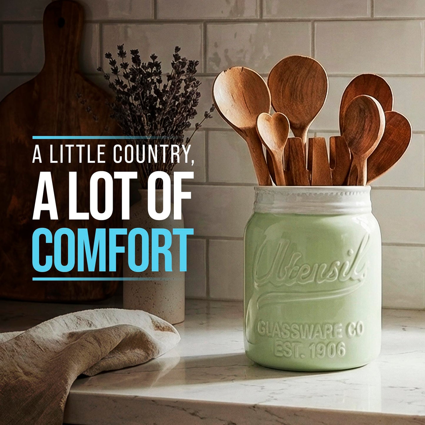 Comfify Green Mason Jar Utensil Holder – Wide Mouth Ceramic – Farmhouse