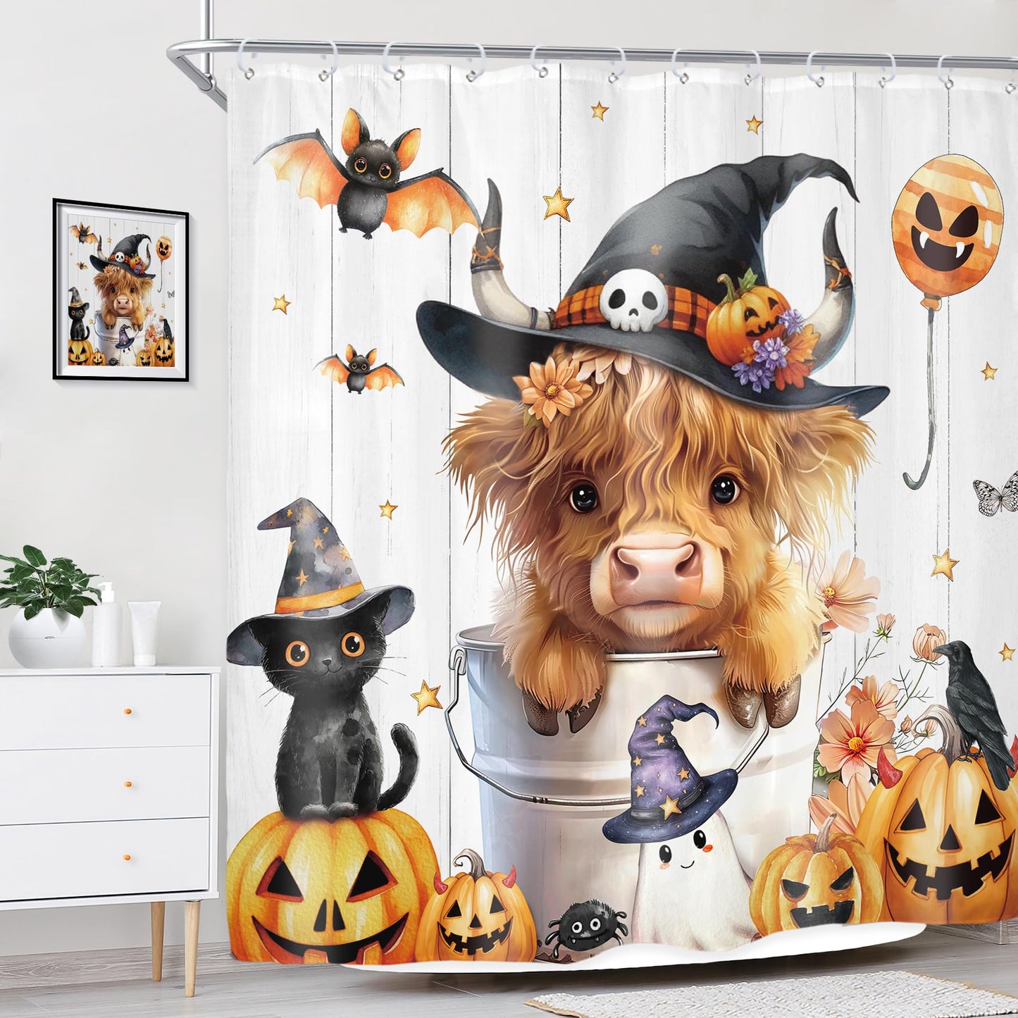 Riyidecor Halloween Highland Cow Pumpkin Autumn Fall Shower Curtain for Bathroom Decor 72Wx72H Funny Cute Cat Bat Ghost Floral Cool Art Printed Fabric Polyester Waterproof 12 Pack Plastic Hooks