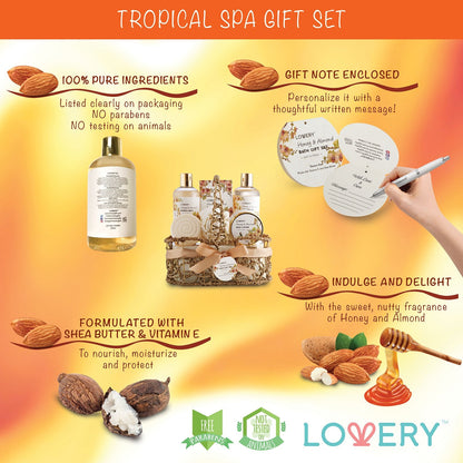 Christmas Gift Baskets for Women Gifts for Women Who Have Everything, Home Spa Honey & Almond Scent, Luxury Bath & Body Set - Shower Gel, Bubble Bath, Body Lotion, Salts, Bath Bomb, Bath Puff.